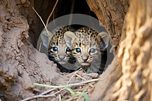 two leopard cubs playing together under a shady tree