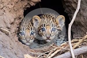 two leopard cubs playing together under a shady tree