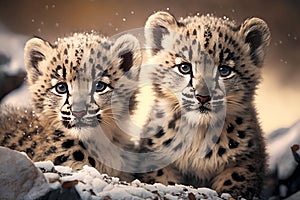 Two leopard cubs in the snow. 3d illustration.