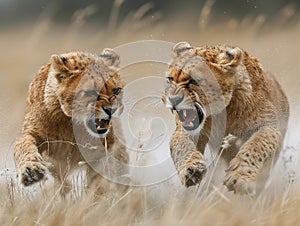 Two leopards playing together. Generative AI