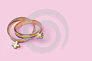 Two lesbian female wedding rings isolated on pastel pink background. Copy space included. LGBTQ+ people right to live together