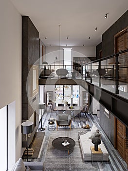 Two-level loft-style interior with a living room and dining area and transitions co glass railing to the library area on the