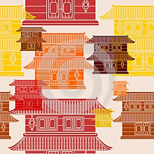 Two Level Roofs Chinese Building Vector Illustration Seamless Pattern