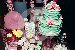 Two-leveled mint colored wedding cake with cream roses, macarons, and marshmallows. Candy Bar in pinky colors. Sweet