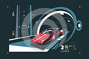 Two levels cars tunnel with map of traffic