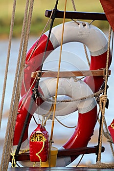 Two life rings or lifebuoys on a Thames sailing barge