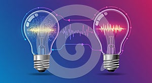 Two light bulbs on a gradient background symbolize technology and communication.