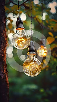 Two light bulbs hanging in a tree with a blurred background of a