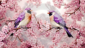 Two lilac birds in a tree. Beautiful birds in pink flowers. Small birds sitting on a branch in the forest.