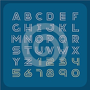 Two lines style retro font. Alphabet with numbers.
