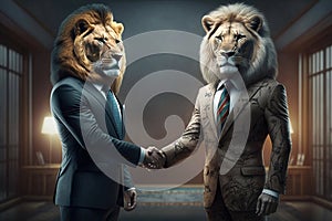 Two lion business men shaking hands, illustration, generative AI