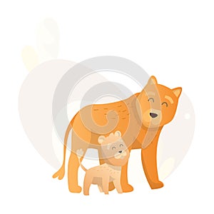 Two lion look at each other. Animals mom and baby. Cartoons cute animals in flat style. Print for clothes. Vector