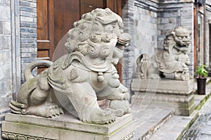 Two lion stone statues in front of a wooden door in China