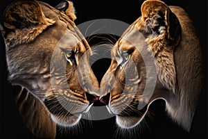 Two lioness girlfriends kiss each other, powerful, but affectionate and friendly predatory big cats close-up, AI generated