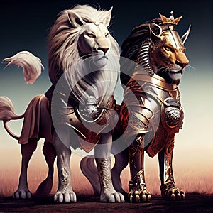 two lions in armor walking side by side