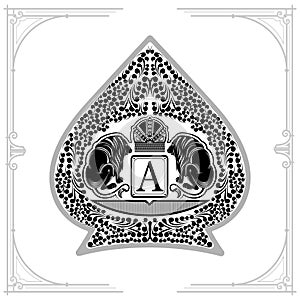 Two lions with crown in center of floral pattern inside ace of spades form. Marine design playing card