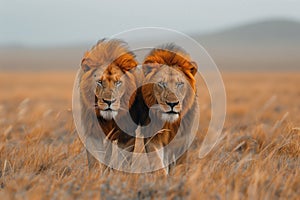 Two lions, Felidae carnivores, standing in grassy Ecoregion field