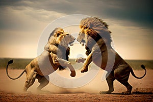 Two lions fight on safari in Africa