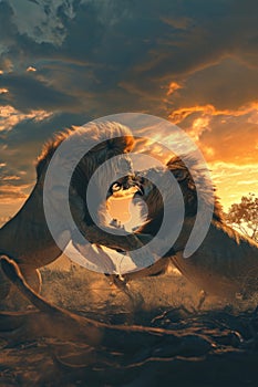 two lions fighting against each other at sunset