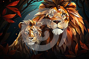 two lions in the forest with leaves on the background