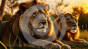 Two lions are laying down in grassy field with trees in the background at sunset. Generative AI