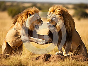 Two lions playing with each National Maasai Serengeti