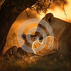 Two Lions Resting on Grass Field