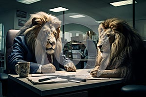 two lions sit face to face