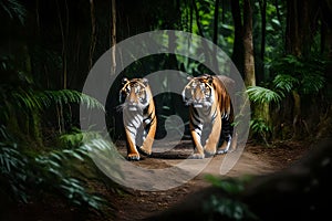 two lions walking towards camera - Generative AI