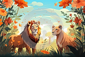 two lions in the wild with flowers and butterflies