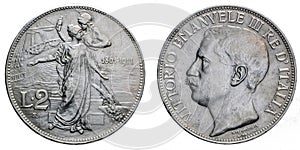 Two Lire Silver Coin 1911 fiftieth anniversary Vittorio Emanuele III Kingdom of Italy