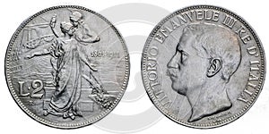 Two Lire Silver Coin 1911 fiftieth anniversary Vittorio Emanuele III Kingdom of Italy photo