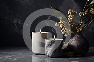 Two lit candles in grey marbled holders set a serene mood, paired with dried flowers against a dark, marbled backdrop