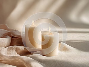 Two lit candles on linen soft minimal setup
