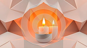 Two lit candles are placed within a geometric alcove featuring angular, origami-like folds. photo