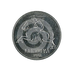 Two lithuanian centai coin 1991 isolated on white background