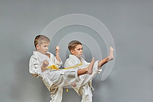 Two little active athletes pound direct kicks