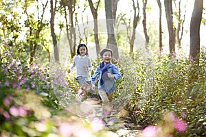 Two little asian kids running in flower field