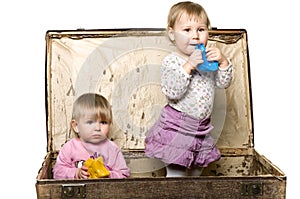 Two little babies in sutcase.