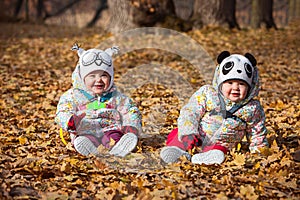 The two little baby girls sitting in autumn leaves