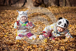 The two little baby girls sitting in autumn leaves