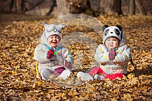 The two little baby girls sitting in autumn leaves