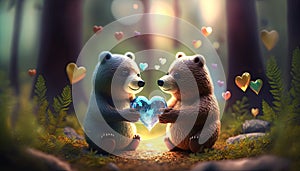 Two little bears toys holds heart in paws on colorful lens flare background cute in love teddy bears