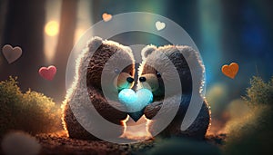 Two little bears toys holds heart in paws on colorful lens flare background cute in love teddy bears