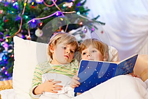 Two little blond sibling boys reading a book on Christmas