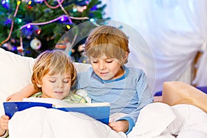 Two little blond sibling boys reading a book on Christmas