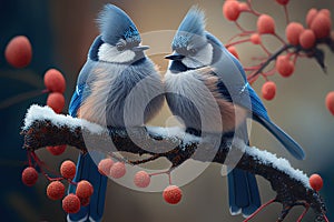 Two Little blue titmouse birds on branch covered with snow. Christmas, New year eve and winter holiday scene. Xmas greeting card