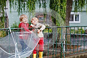 Two little boys, best friends and siblings walking with big umbrella outdoors on rainy day. Preschool children having