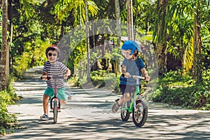 Two little boys children having fun on Balance Bike on a country