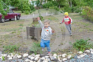 Two little boys friends in sunny day. Brother love. Concept friendship. Portrait of two boys, brothers and best friends smiling. F